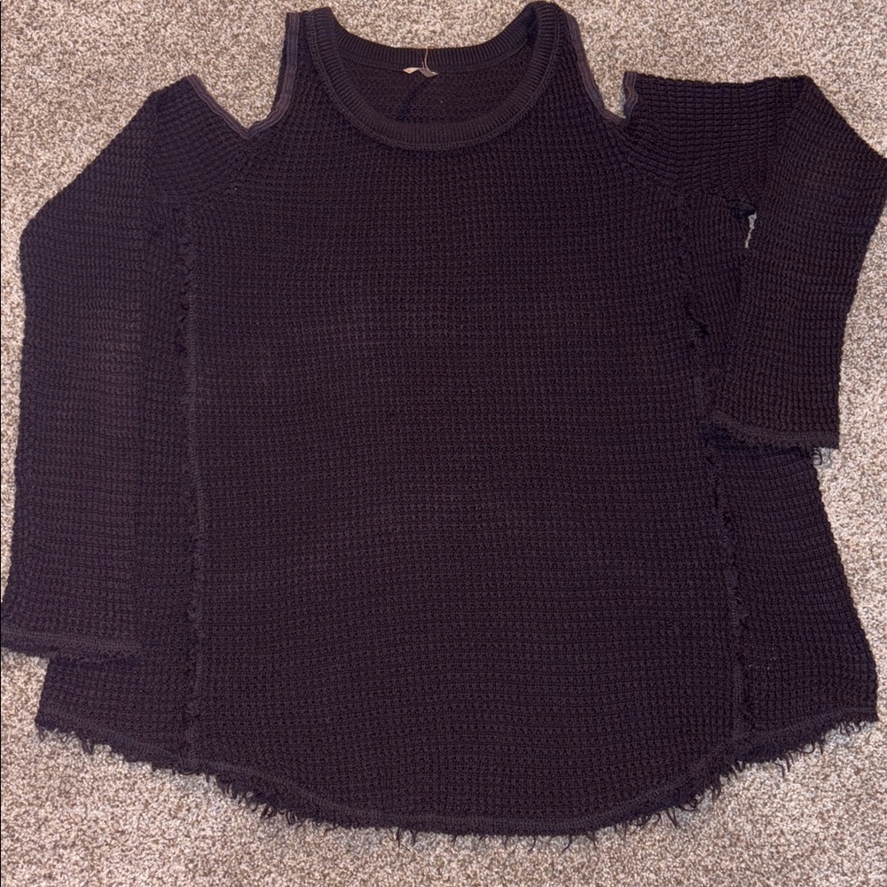Free People M Black off Cold Shoulder Sweater waffle